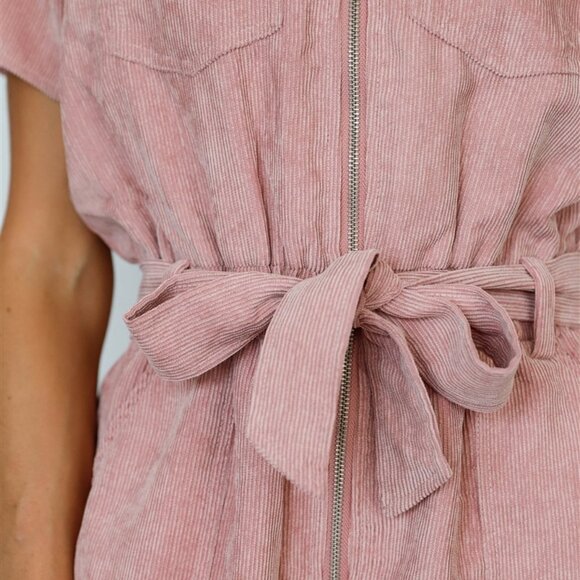 Mauve Velvet Short Sleeve Self-Tie Belted O-Ring Z - Picture 2 of 6